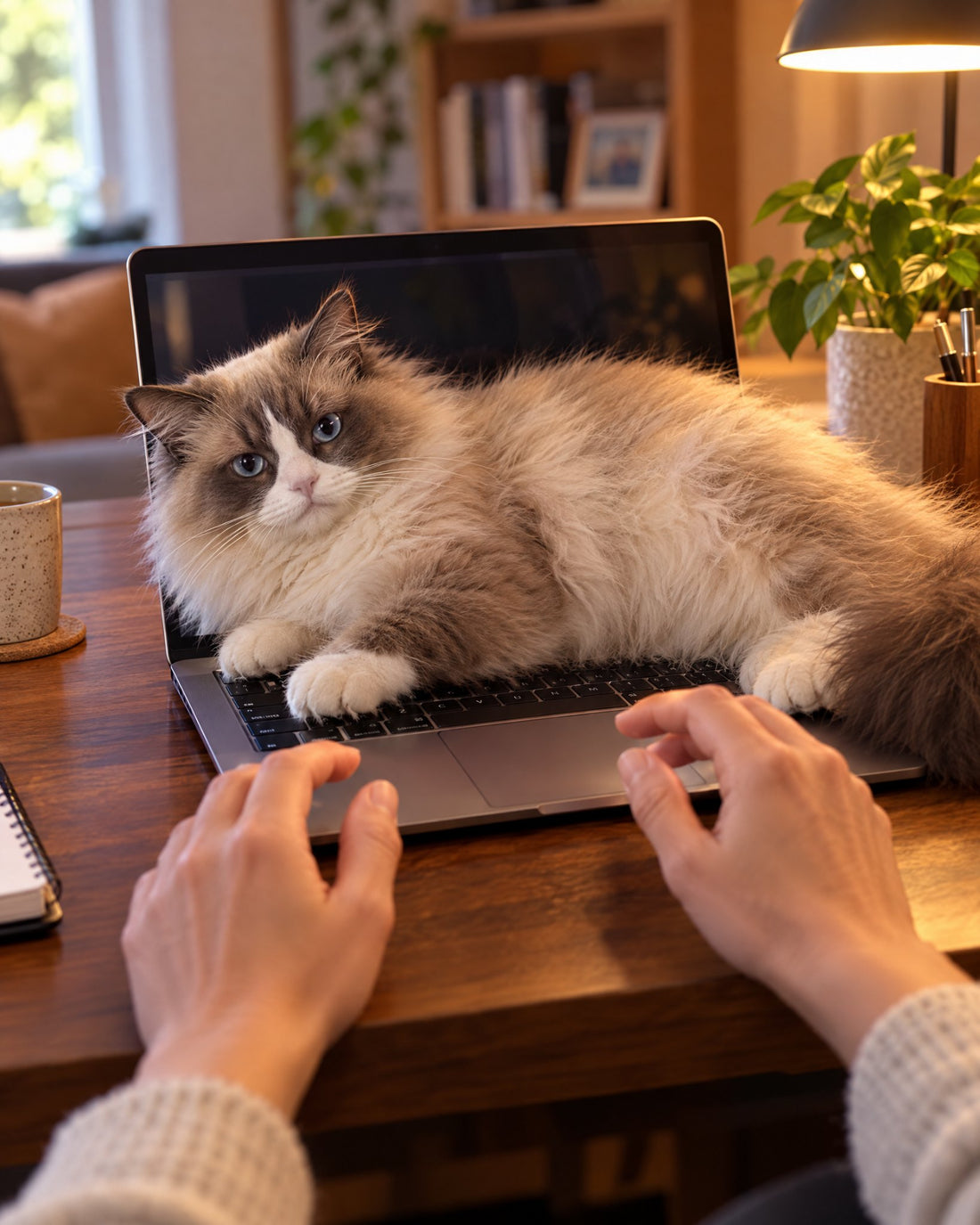 Pisică întinsă pe tastatura laptopului, blocând ecranul