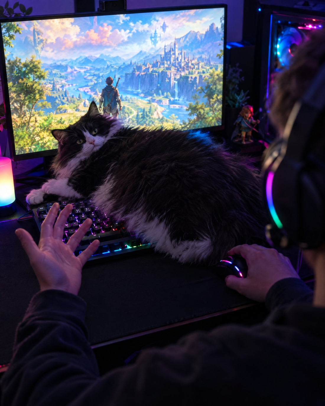 Pisică întinsă pe tastatura de gaming, blocând monitorul