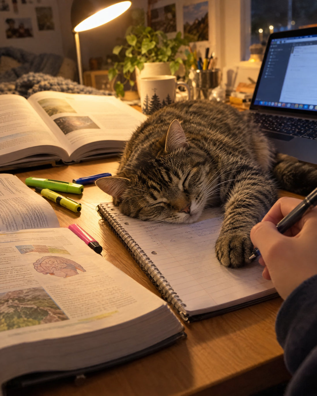 Pisică adormită peste caietul deschis, lângă manuale