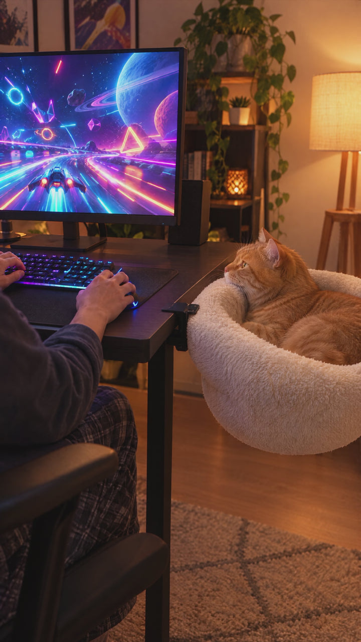 Video: pisică în patul Mitza alb prins de biroul de gaming (imagini generate digital)
